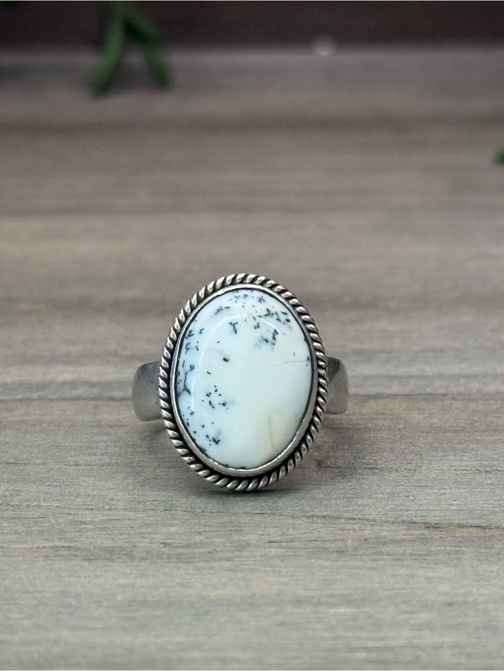 Sterling Silver White Dendritic Opal Oval Ring